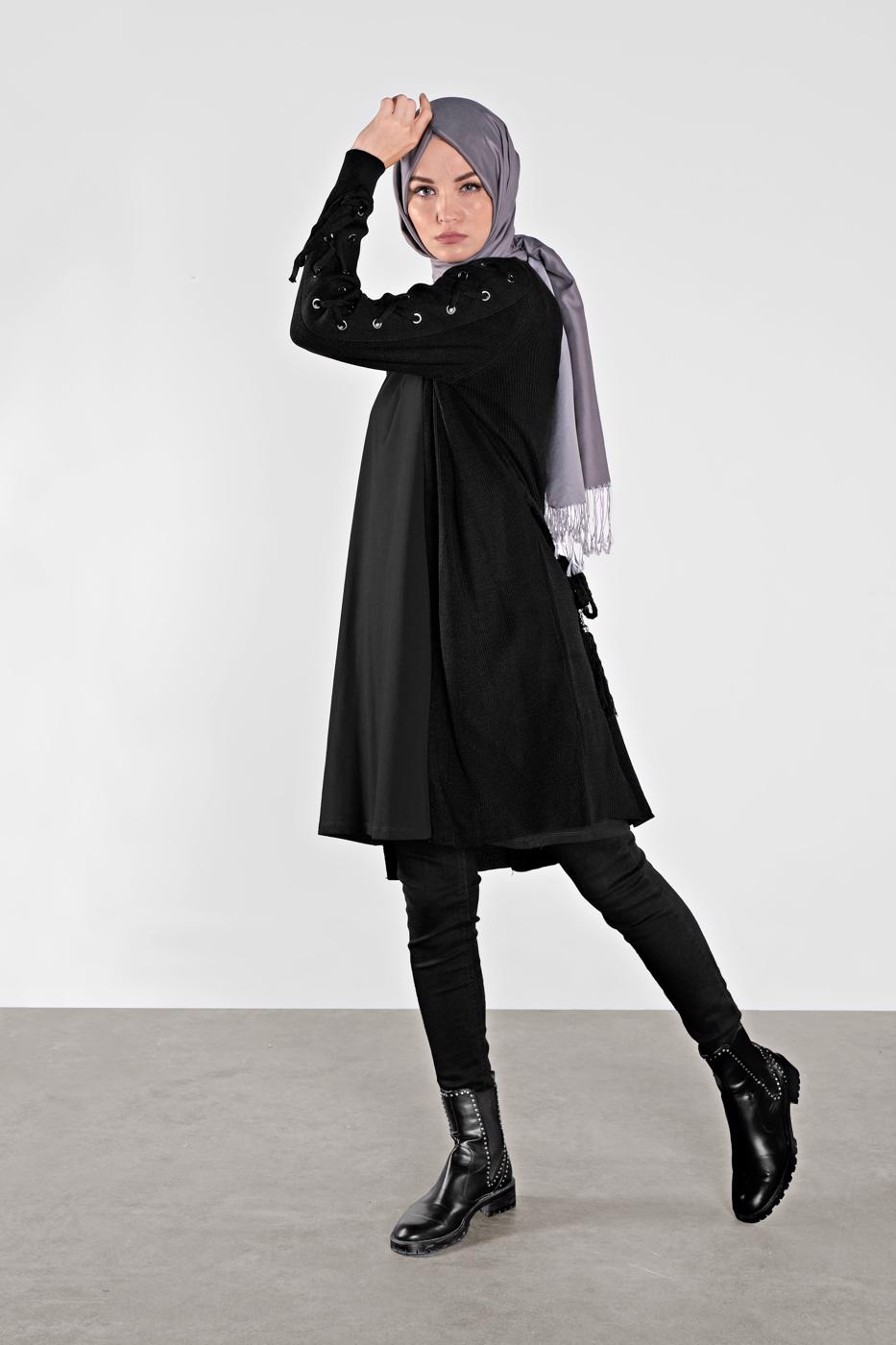 Tesettür giyim SİYAH KOLLARI BAĞCIKLI TRİKO HIRKA 7121 