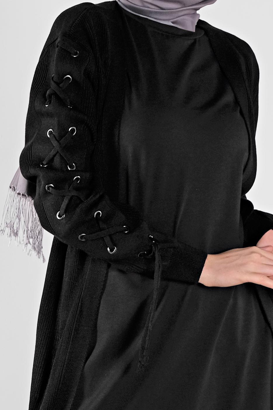Tesettür giyim SİYAH KOLLARI BAĞCIKLI TRİKO HIRKA 7121 