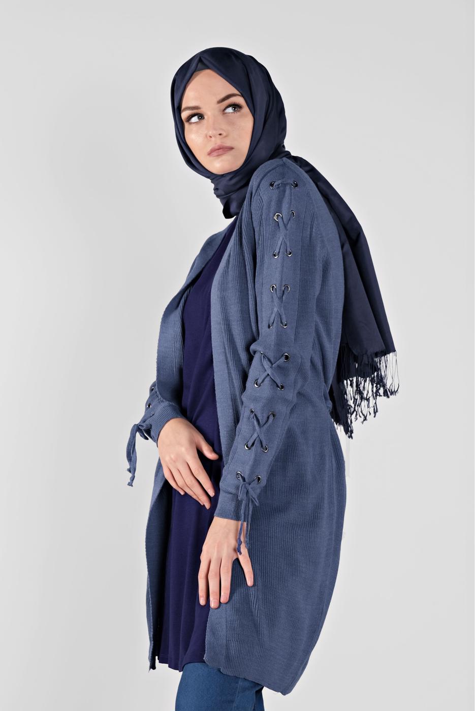 Tesettür giyim LACİVERT KOLLARI BAĞCIKLI TRİKO HIRKA 7121 