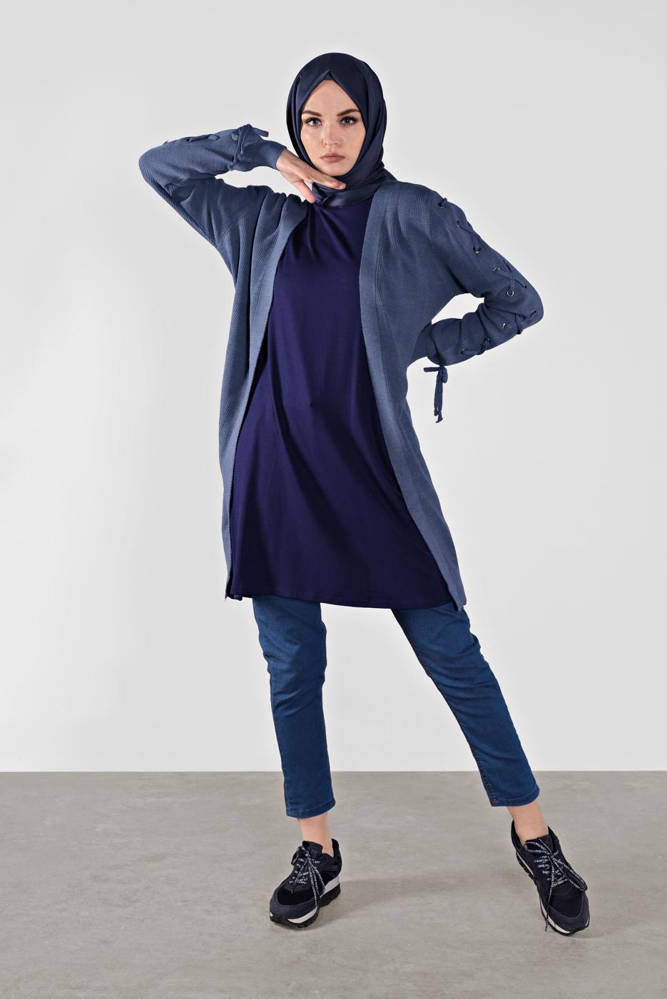 Tesettür giyim LACİVERT KOLLARI BAĞCIKLI TRİKO HIRKA 7121 