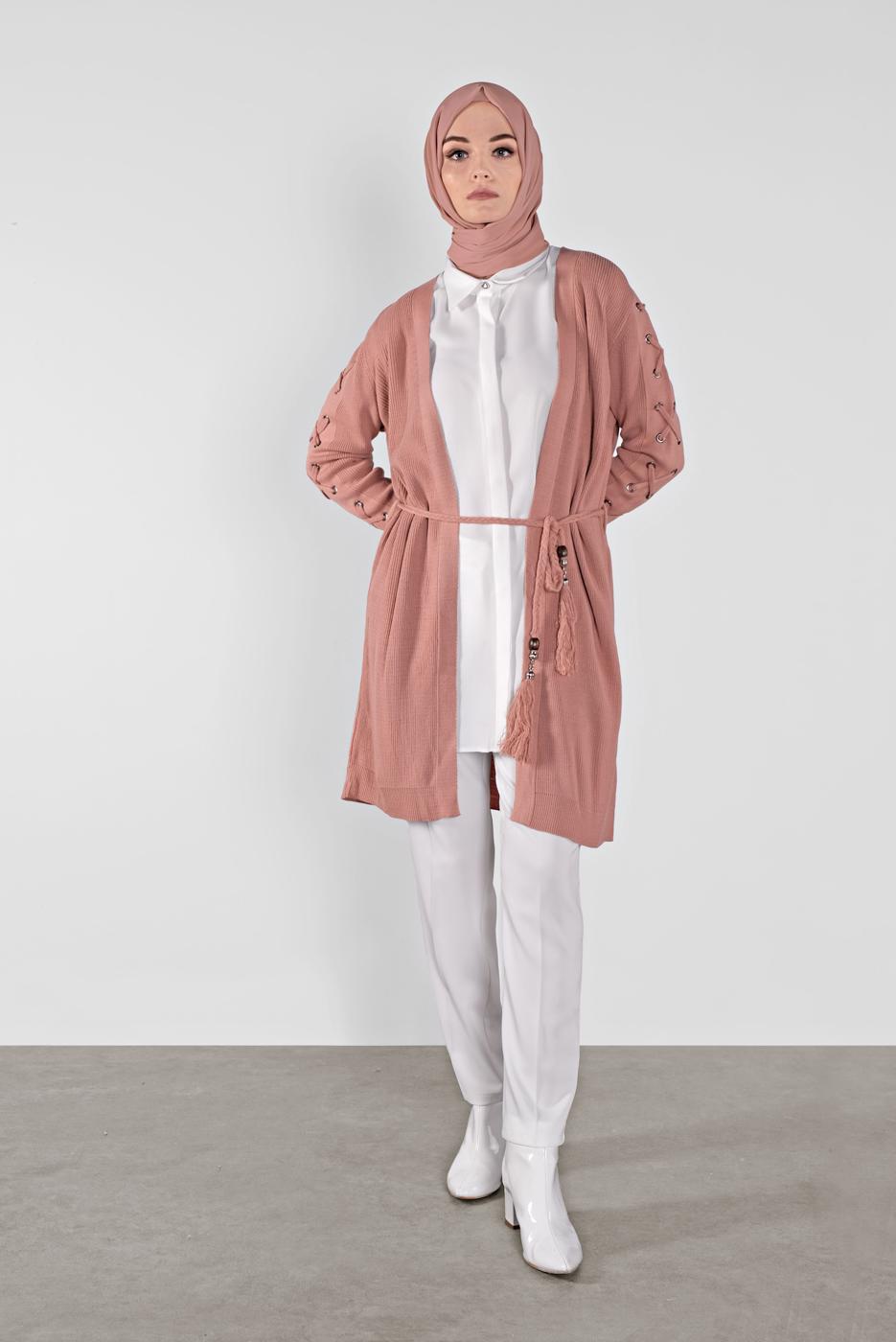 Tesettür giyim PUDRA KOLLARI BAĞCIKLI TRİKO HIRKA 7121 