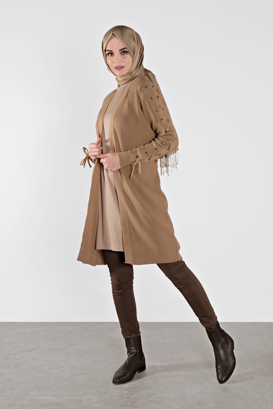 Tesettür giyim KAHVE KOLLARI BAĞCIKLI TRİKO HIRKA 7121 