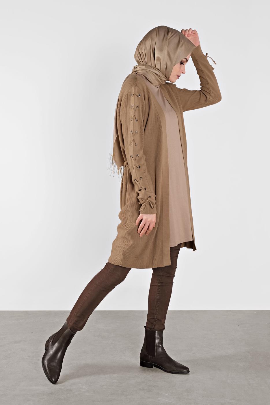 Tesettür giyim KAHVE KOLLARI BAĞCIKLI TRİKO HIRKA 7121 