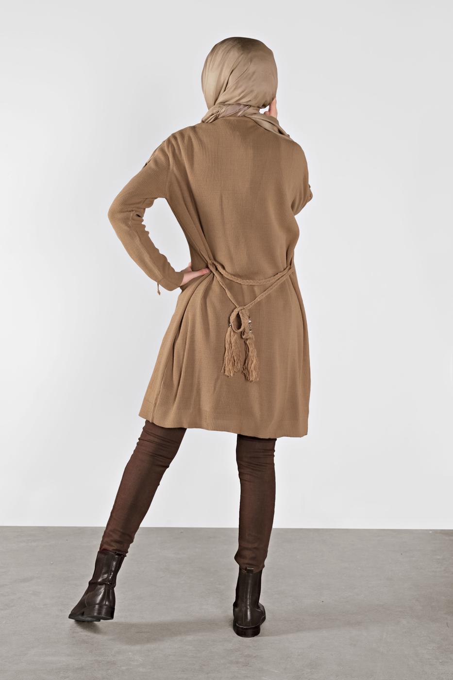 Tesettür giyim KAHVE KOLLARI BAĞCIKLI TRİKO HIRKA 7121 