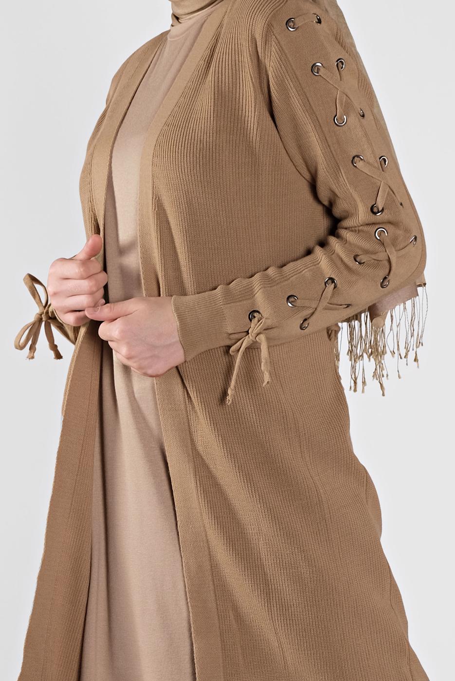 Tesettür giyim KAHVE KOLLARI BAĞCIKLI TRİKO HIRKA 7121 