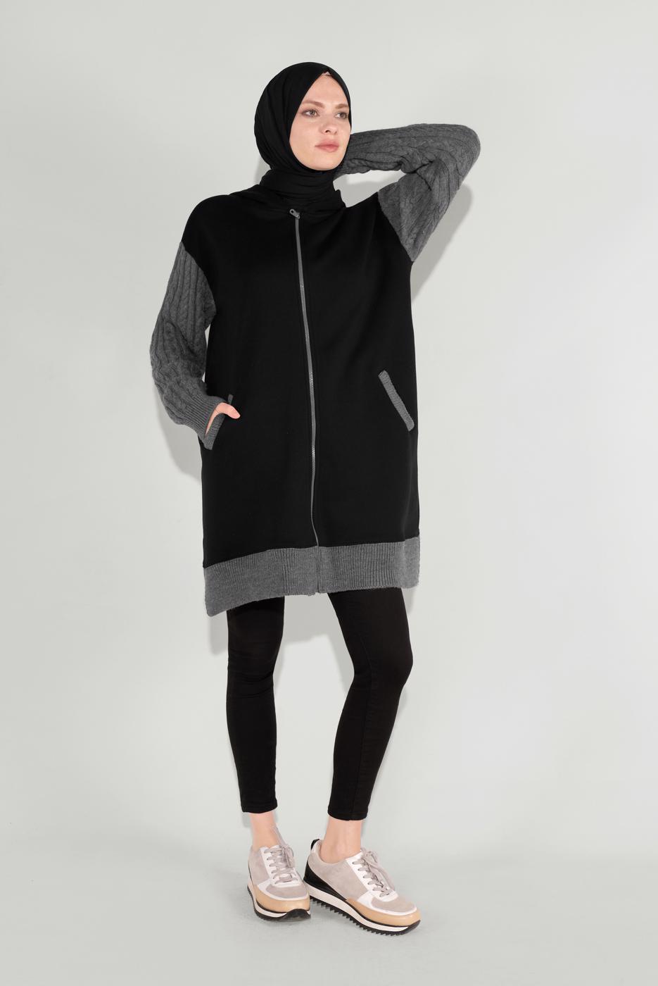 Tesettür giyim SİYAH FERMUARLI KOLLARI ÖRGÜ SPOR TUNİK 7729