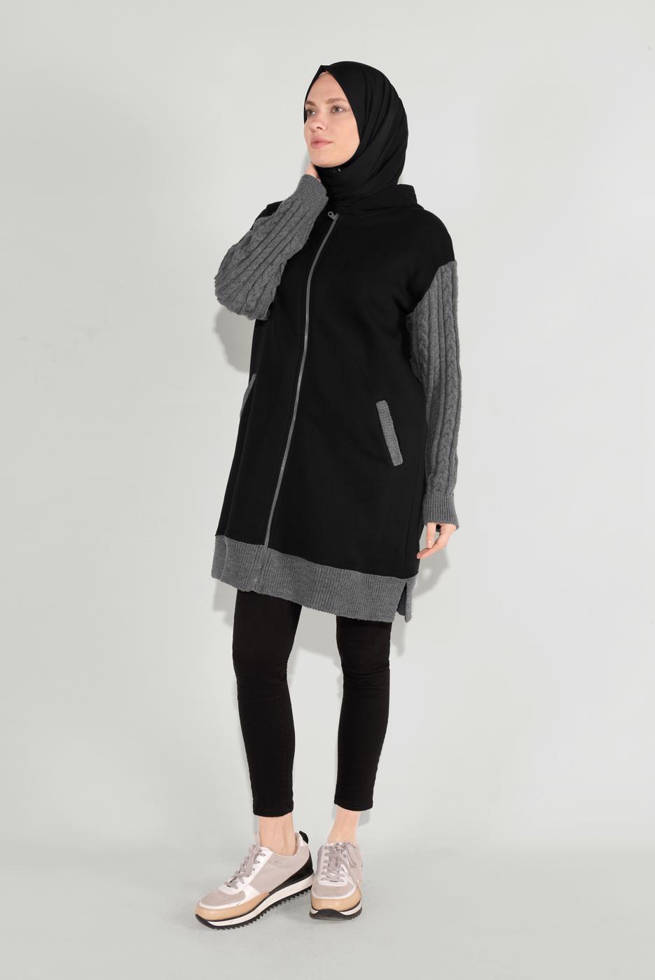 Tesettür giyim SİYAH FERMUARLI KOLLARI ÖRGÜ SPOR TUNİK 7729