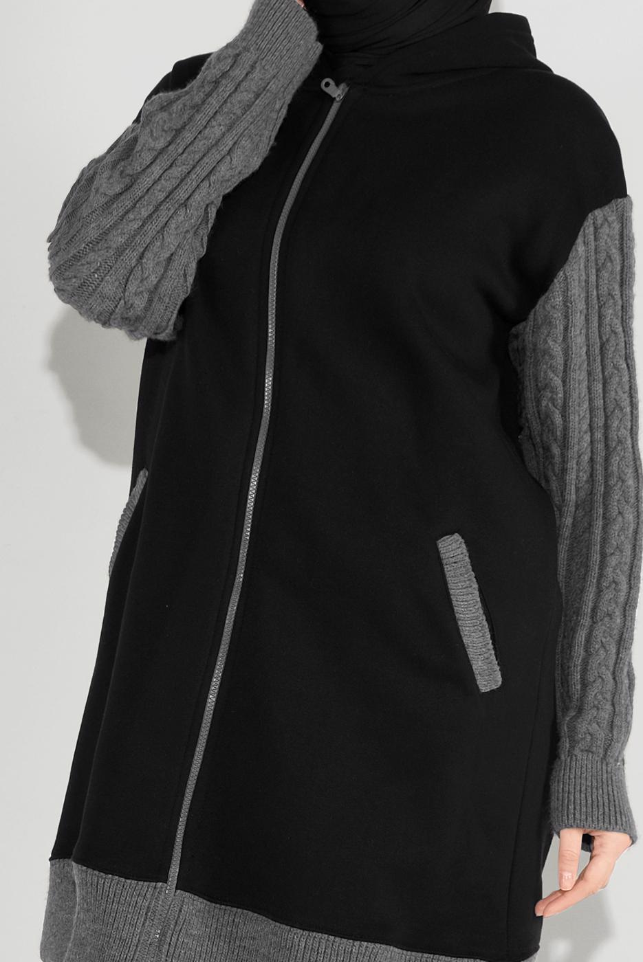 Tesettür giyim SİYAH FERMUARLI KOLLARI ÖRGÜ SPOR TUNİK 7729