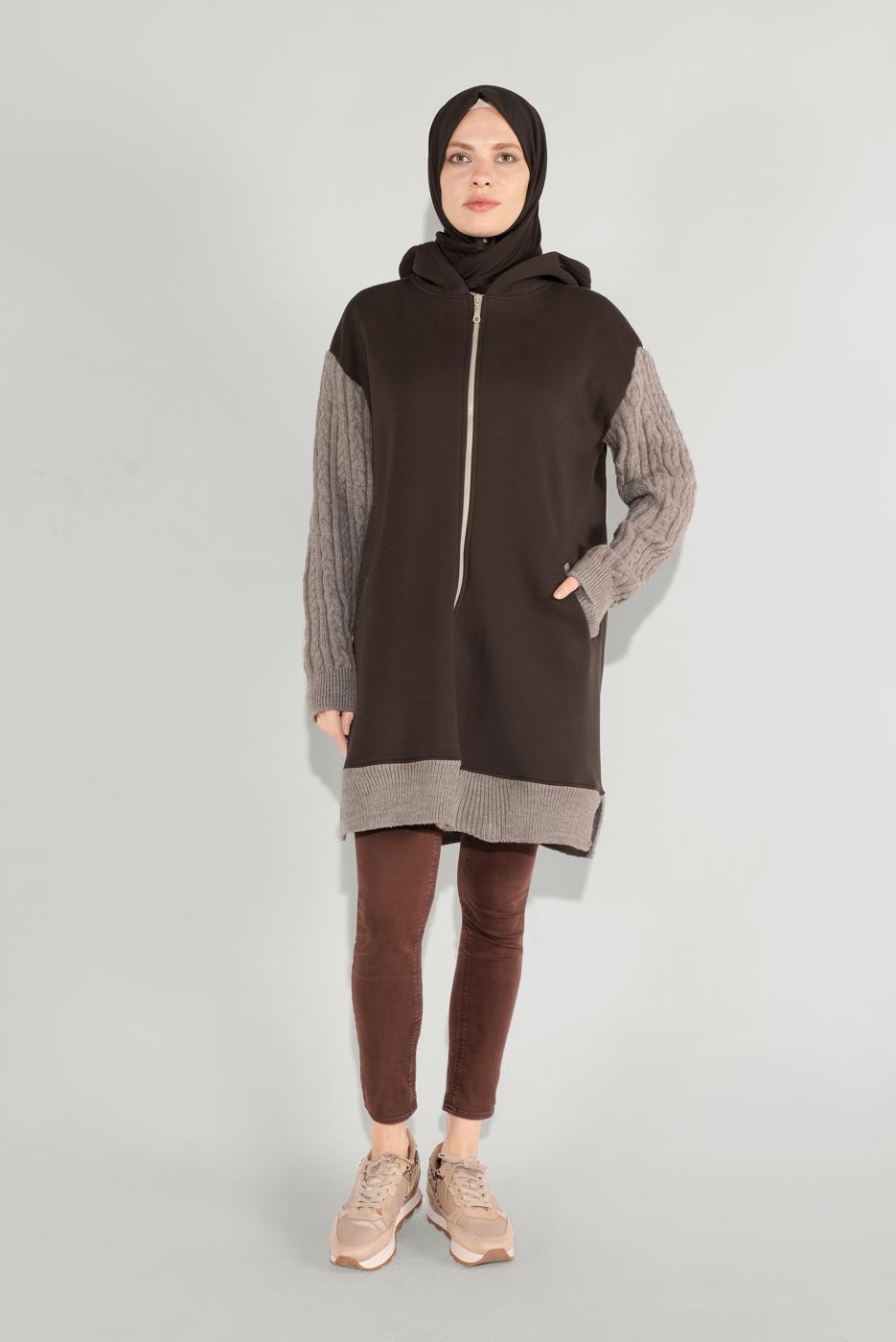 Tesettür giyim KAHVE FERMUARLI KOLLARI ÖRGÜ SPOR TUNİK 7729
