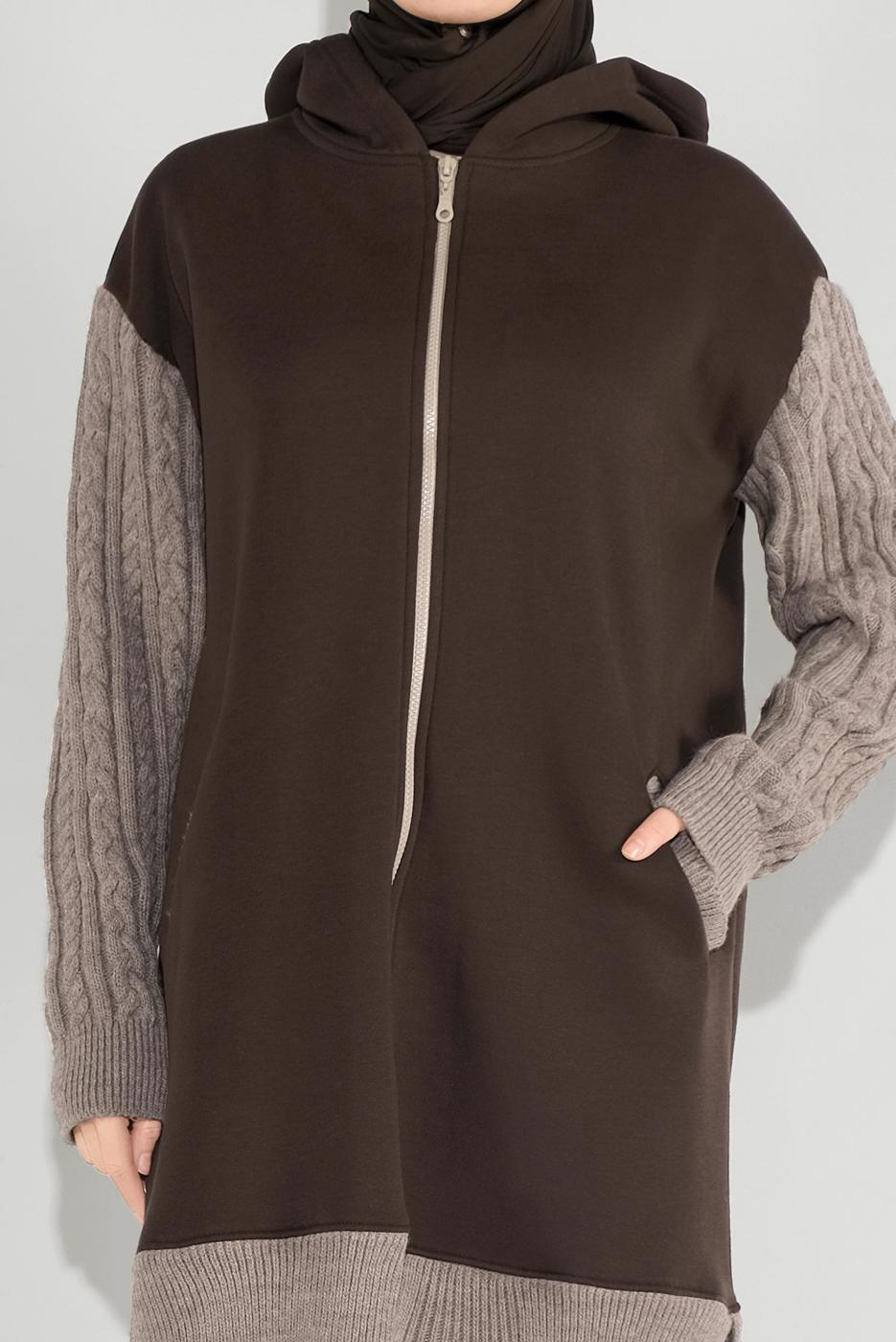 Tesettür giyim KAHVE FERMUARLI KOLLARI ÖRGÜ SPOR TUNİK 7729