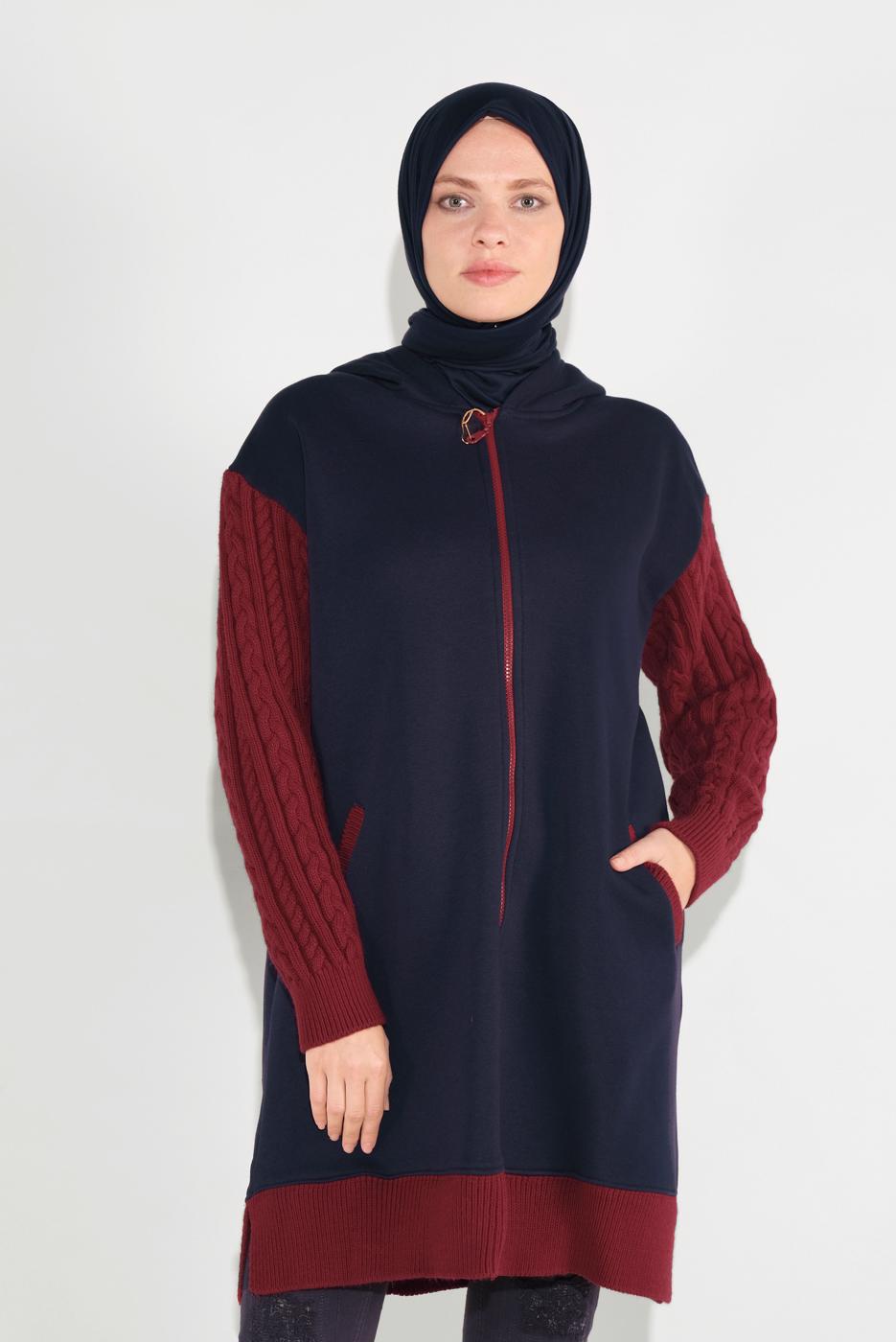Tesettür giyim LACİVERT FERMUARLI KOLLARI ÖRGÜ SPOR TUNİK 7729