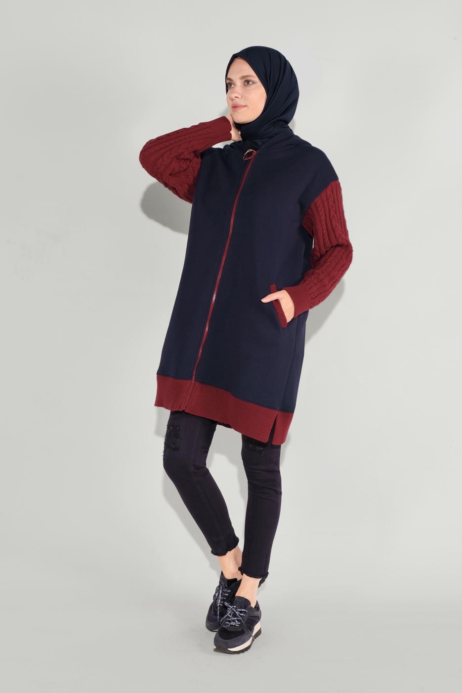 Tesettür giyim LACİVERT FERMUARLI KOLLARI ÖRGÜ SPOR TUNİK 7729