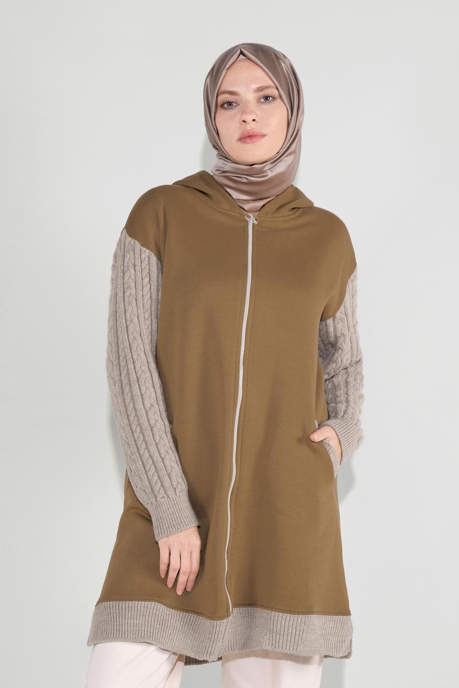 Tesettür giyim TABA FERMUARLI KOLLARI ÖRGÜ SPOR TUNİK 7729