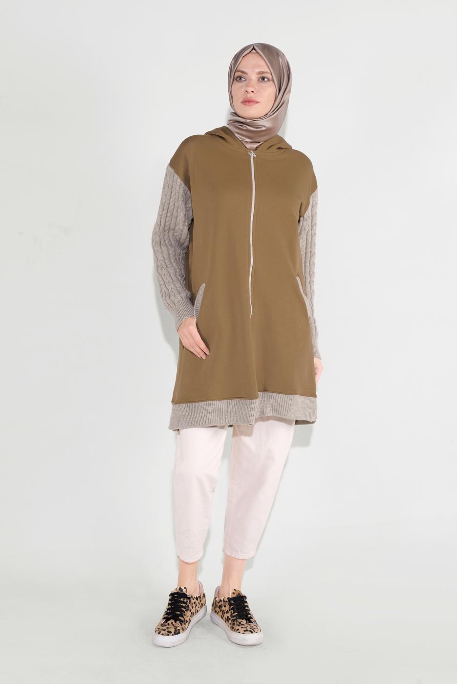 Tesettür giyim TABA FERMUARLI KOLLARI ÖRGÜ SPOR TUNİK 7729