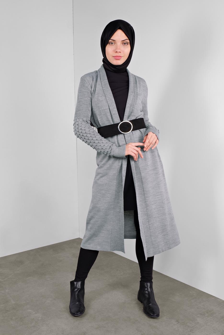 Tesettür giyim GRİ DAMLA KOL TRİKO HIRKA 7842 