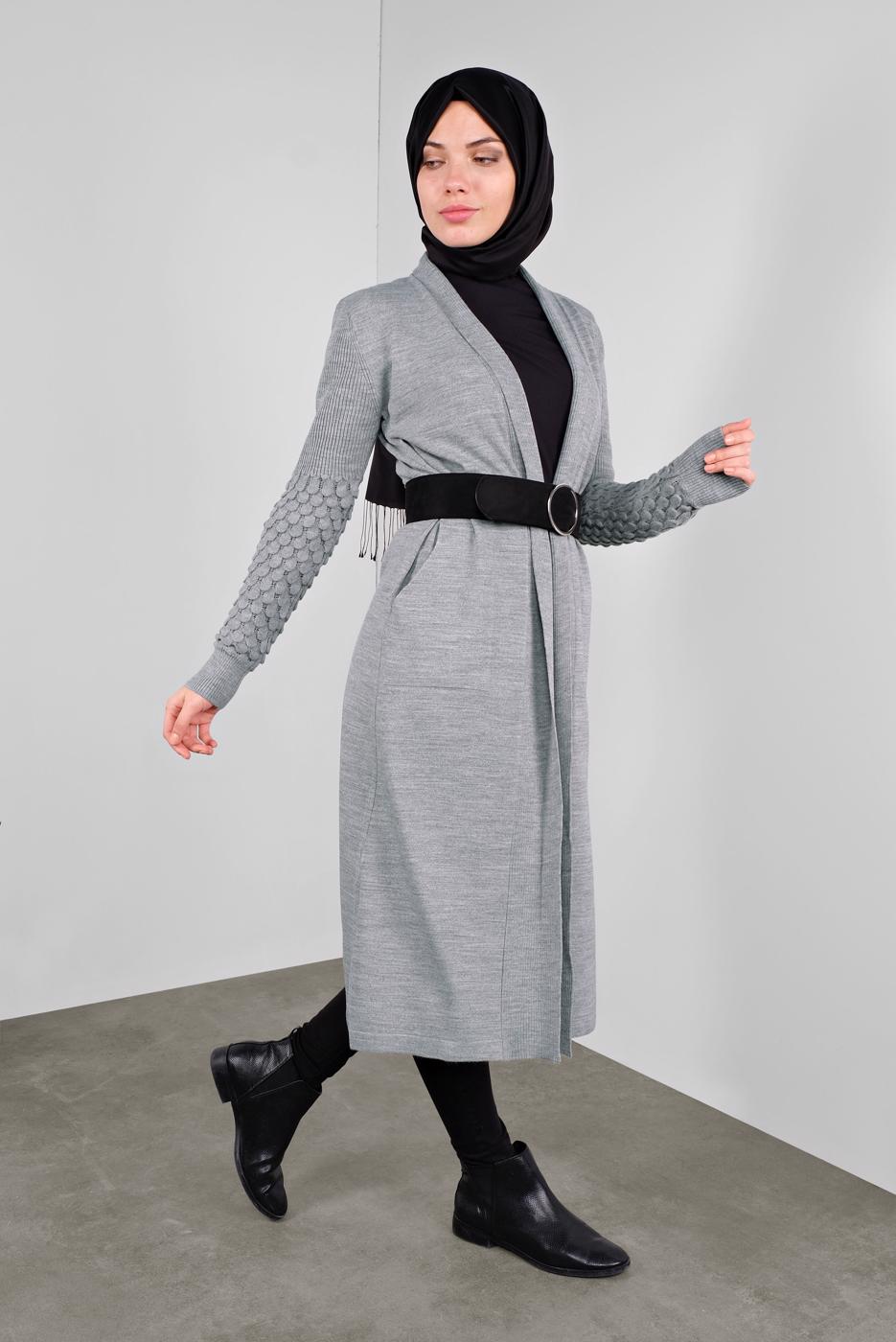 Tesettür giyim GRİ DAMLA KOL TRİKO HIRKA 7842 