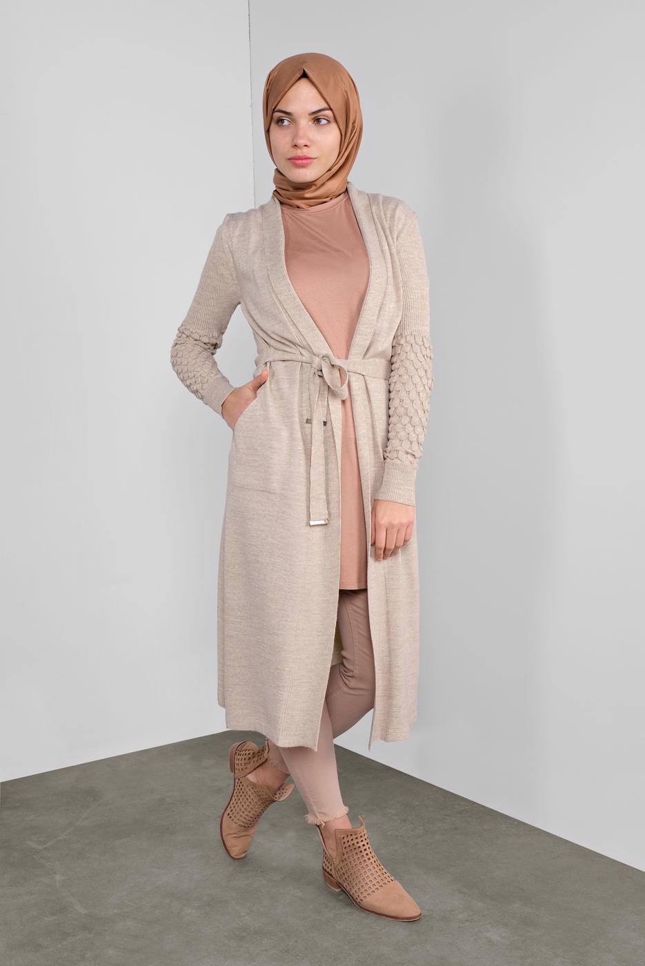 Tesettür giyim BEJ DAMLA KOL TRİKO HIRKA 7842 
