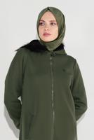 Tesettür giyim HAKİ KAPÜŞONLU BOYDAN DÜĞMELİ CEKET 8909