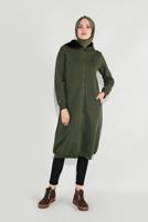 Tesettür giyim HAKİ KAPÜŞONLU BOYDAN DÜĞMELİ CEKET 8909