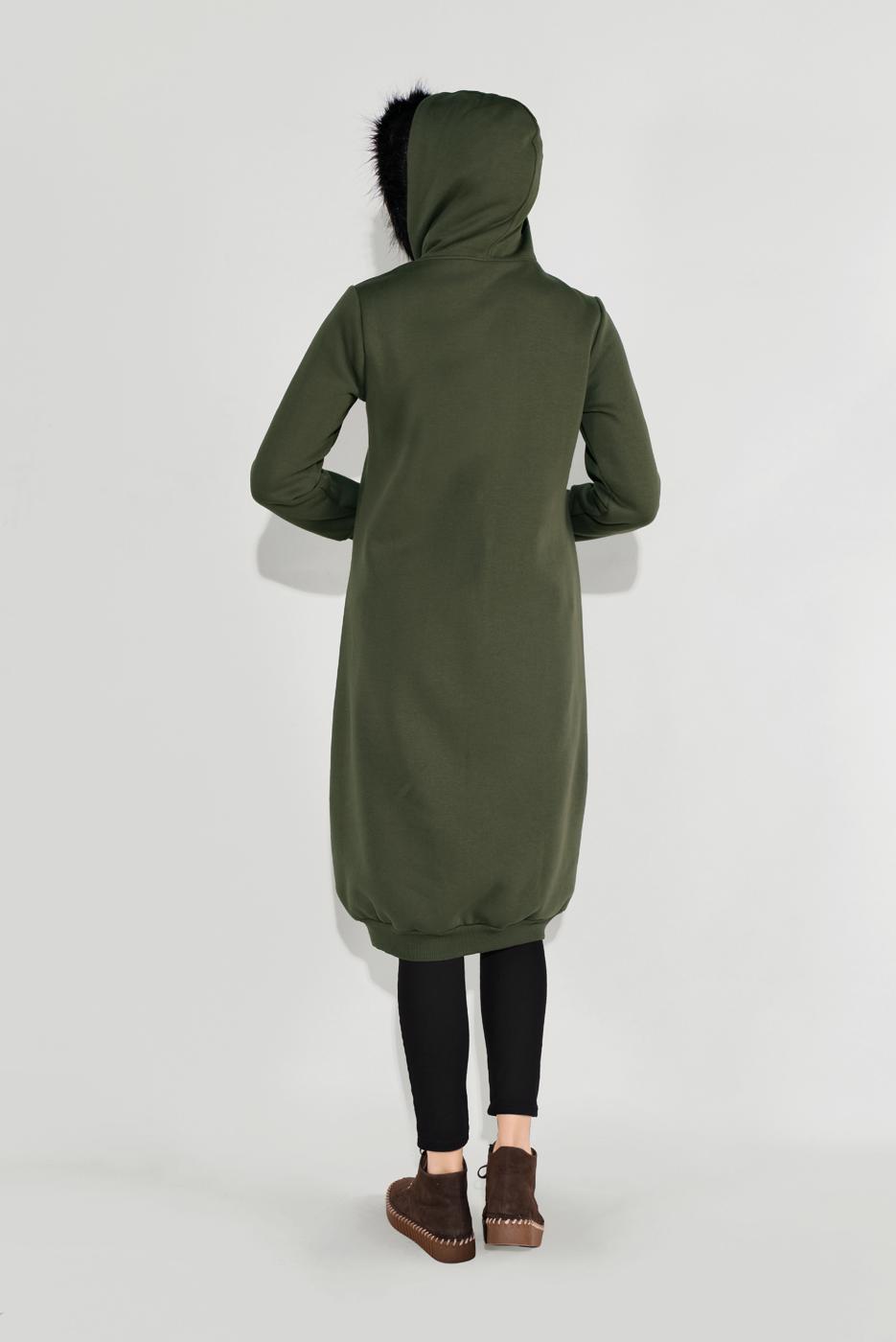 Tesettür giyim HAKİ KAPÜŞONLU BOYDAN DÜĞMELİ CEKET 8909