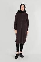 Tesettür giyim KAHVE KAPÜŞONLU BOYDAN DÜĞMELİ CEKET 8909