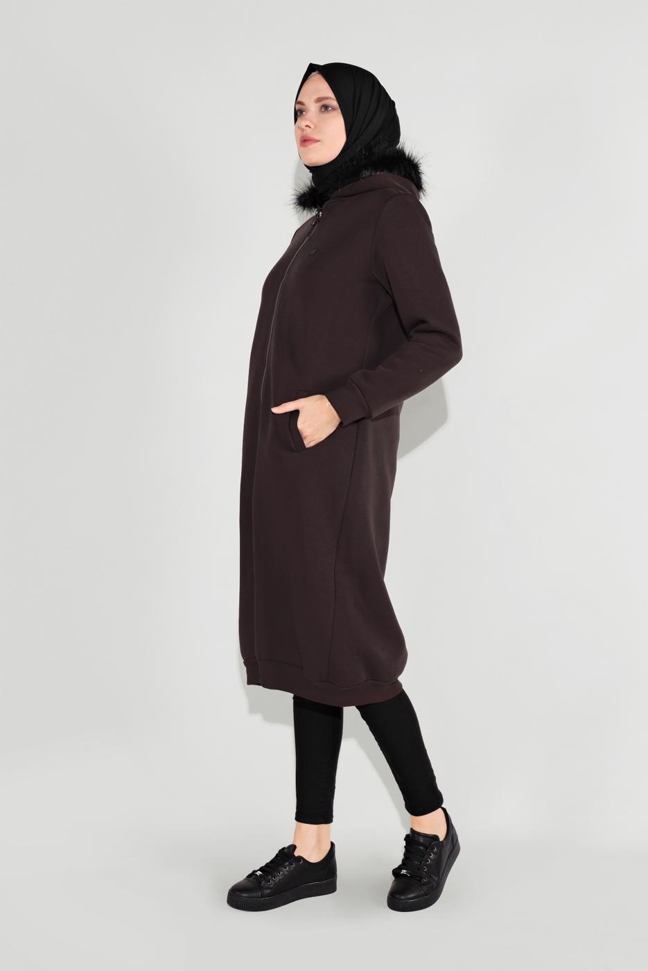Tesettür giyim KAHVE KAPÜŞONLU BOYDAN DÜĞMELİ CEKET 8909