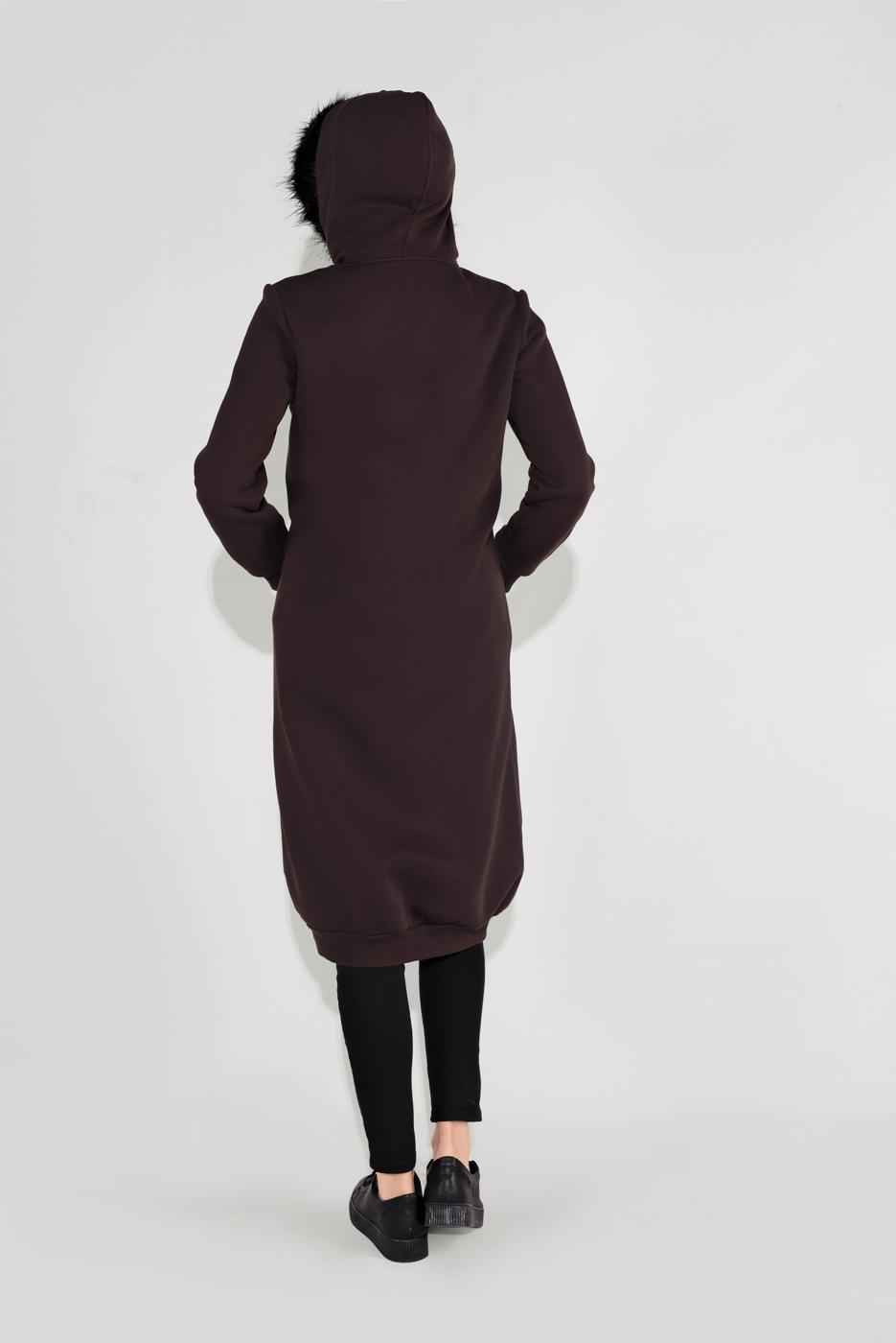 Tesettür giyim KAHVE KAPÜŞONLU BOYDAN DÜĞMELİ CEKET 8909