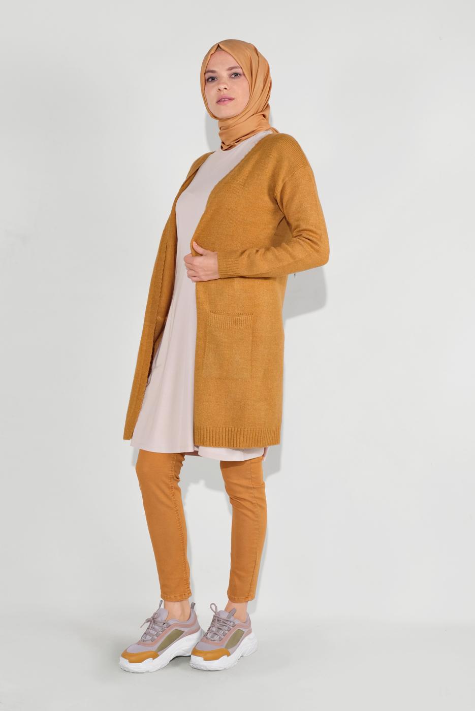 Tesettür giyim TURUNCU CEPLİ TRİKO HIRKA 9207