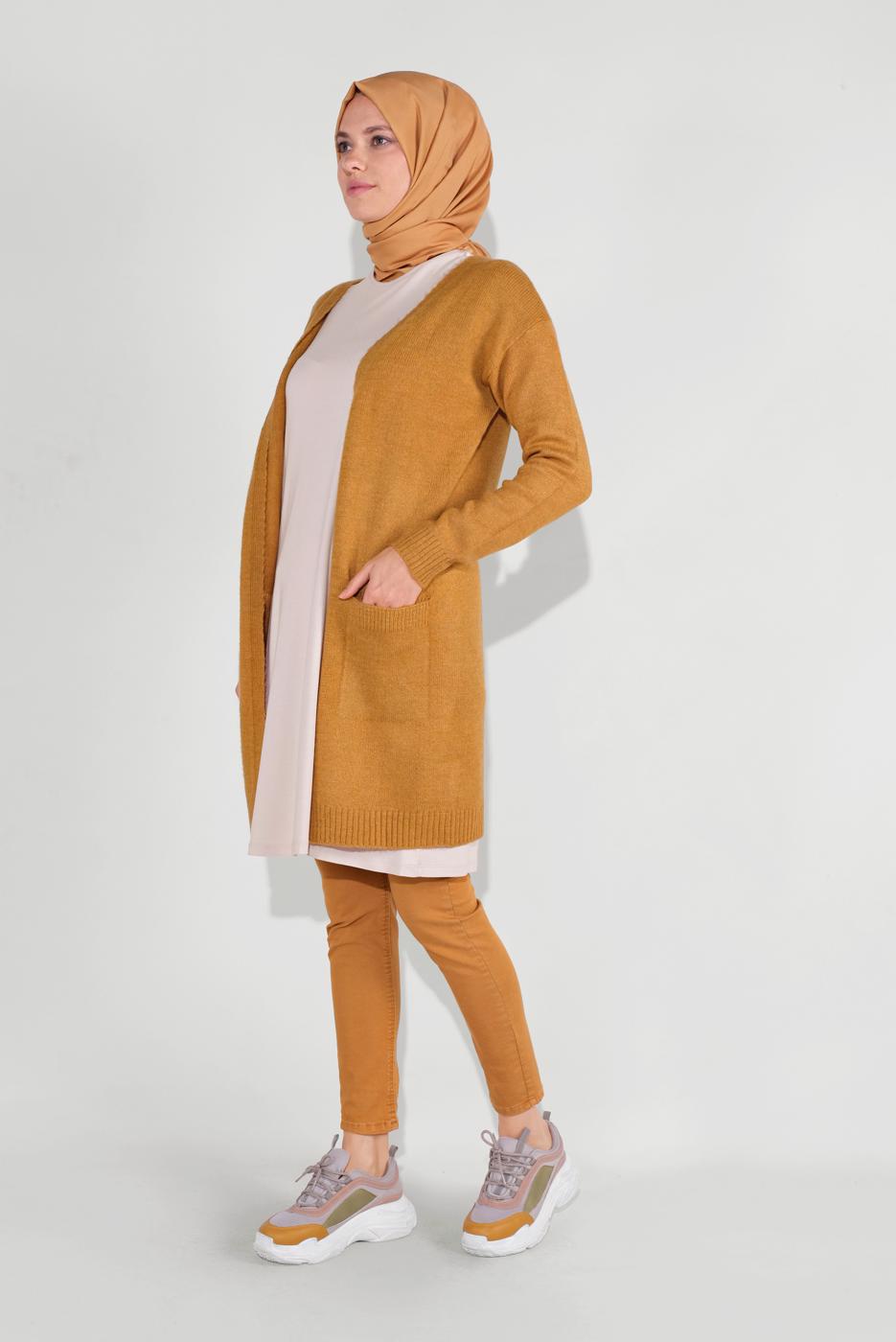 Tesettür giyim TURUNCU CEPLİ TRİKO HIRKA 9207