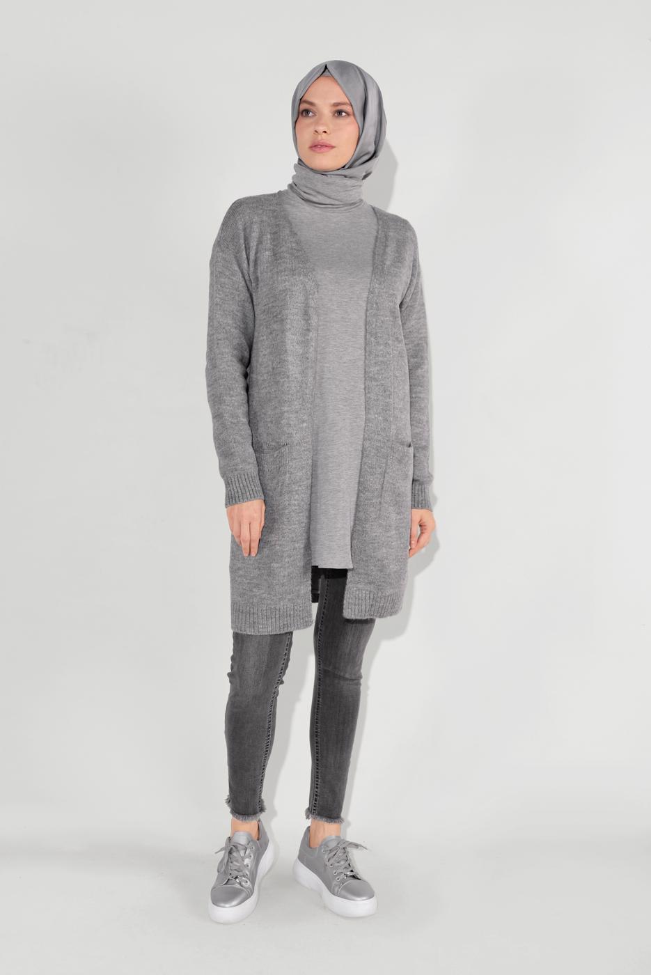 Tesettür giyim GRİ CEPLİ TRİKO HIRKA 9207