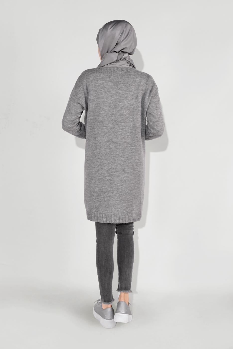 Tesettür giyim GRİ CEPLİ TRİKO HIRKA 9207