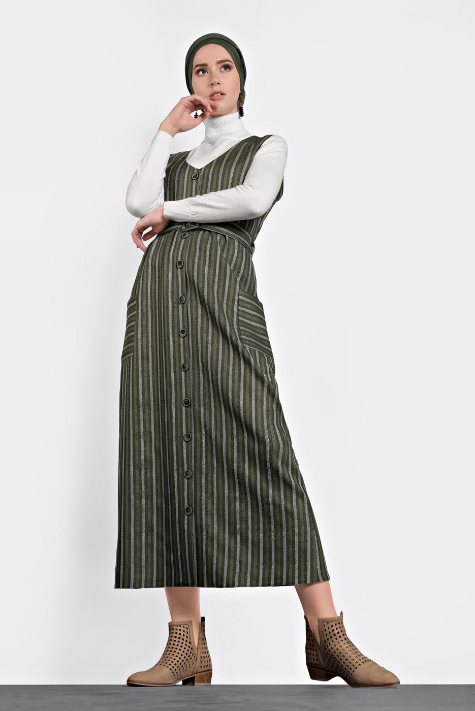 Tesettür giyim HAKİ ALVİNA CEPLİ KEMERLİ ELBİSE 40127 