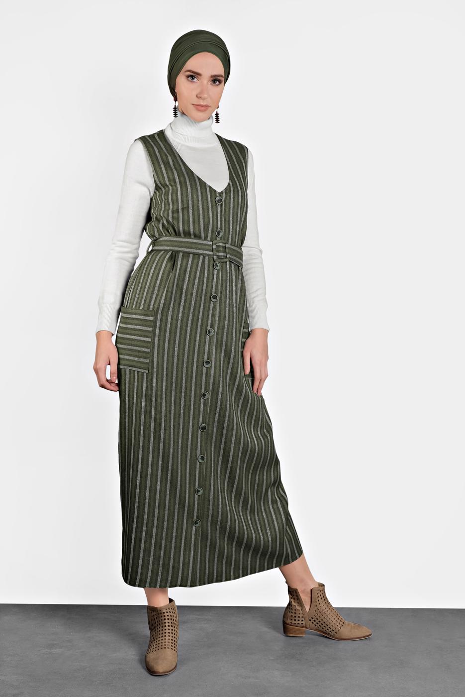 Tesettür giyim HAKİ ALVİNA CEPLİ KEMERLİ ELBİSE 40127 