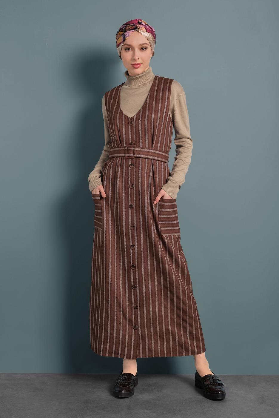 Tesettür giyim KAHVE ALVİNA CEPLİ KEMERLİ ELBİSE 40127 