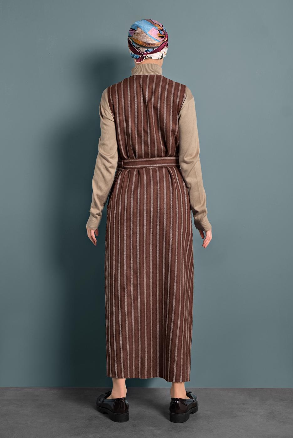 Tesettür giyim KAHVE ALVİNA CEPLİ KEMERLİ ELBİSE 40127 