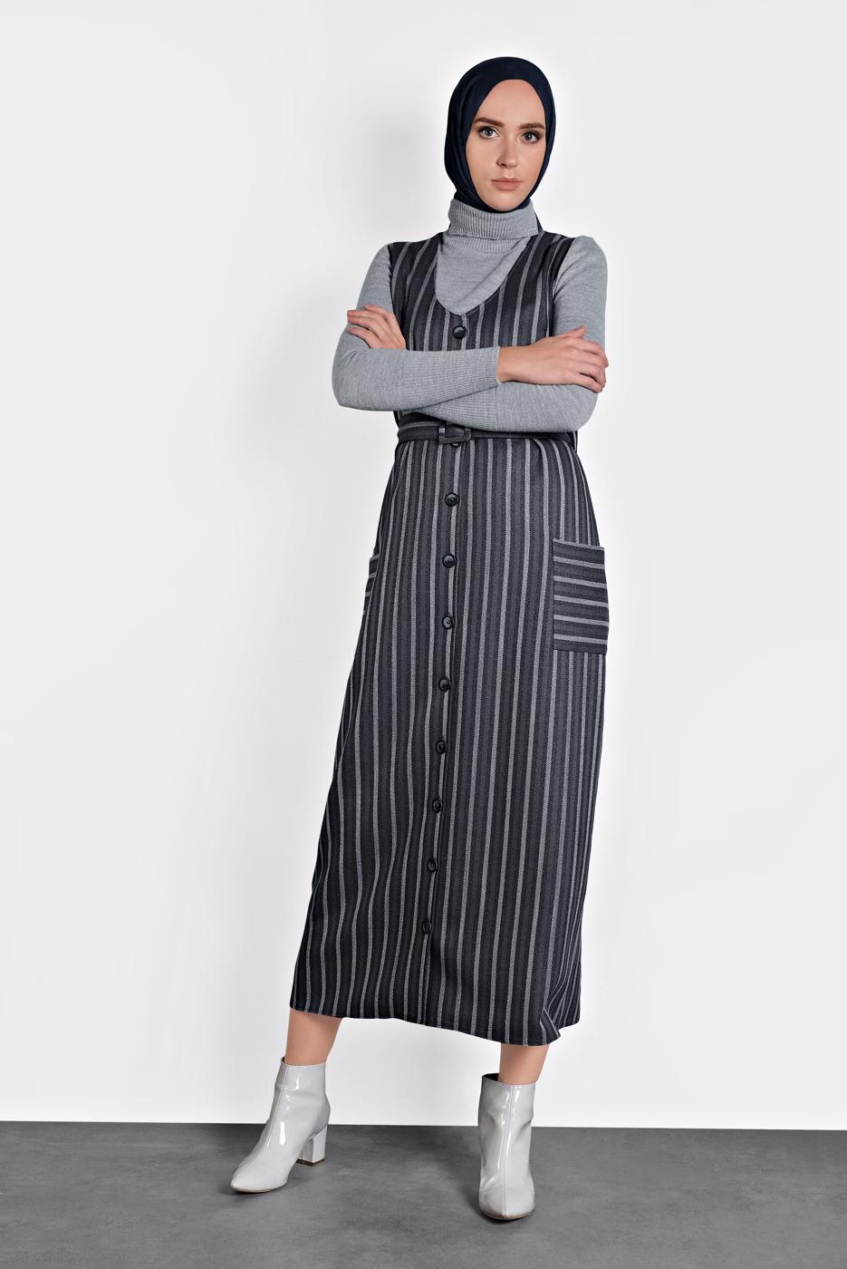 Tesettür giyim LACİVERT ALVİNA CEPLİ KEMERLİ ELBİSE 40127 