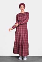 Tesettür giyim BORDO ALVİNA KEMERLİ EKOSE ELBİSE 40179
