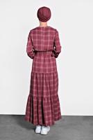 Tesettür giyim BORDO ALVİNA KEMERLİ EKOSE ELBİSE 40179