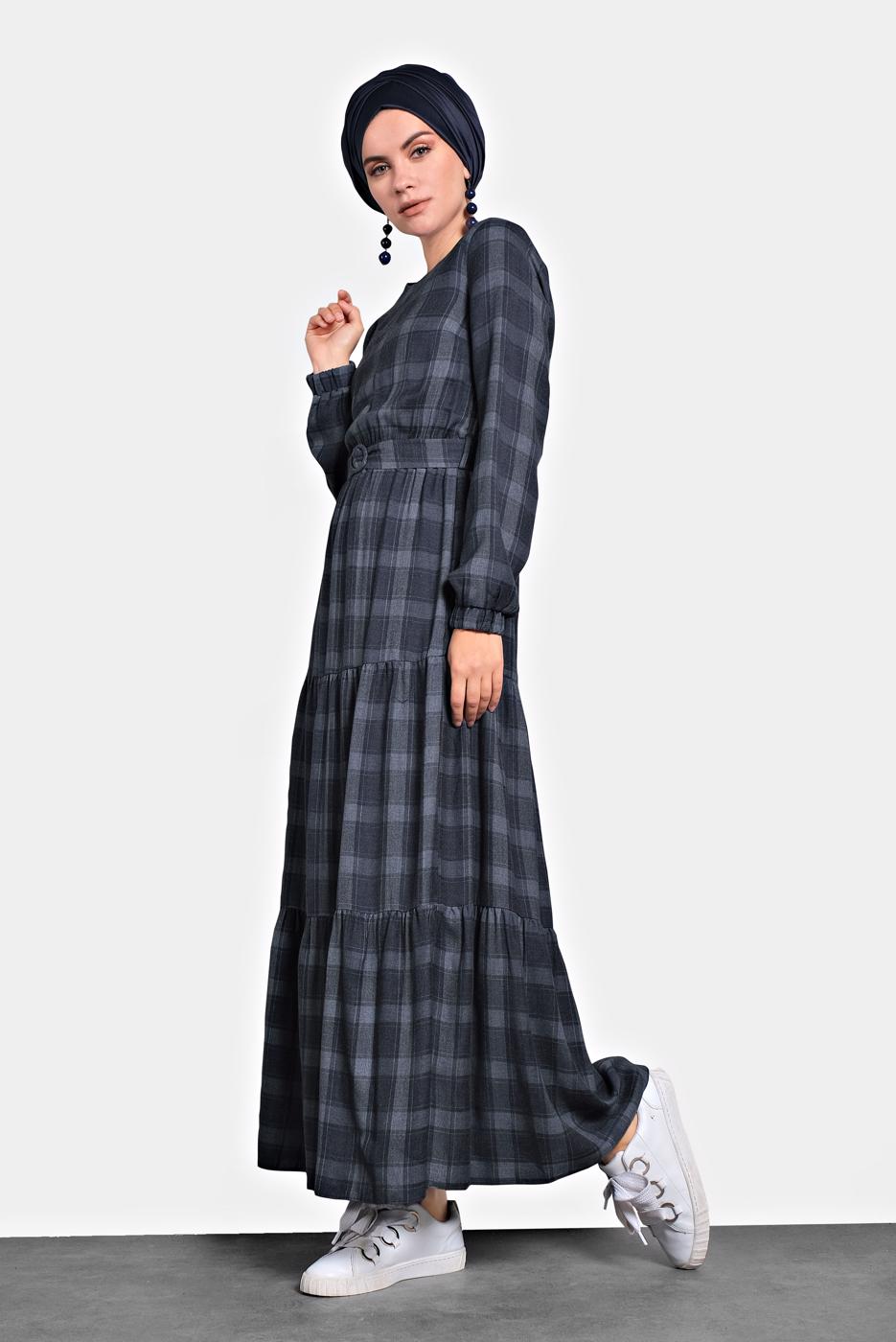 Tesettür giyim LACİVERT ALVİNA KEMERLİ EKOSE ELBİSE 40179