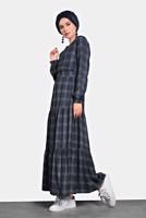 Tesettür giyim LACİVERT ALVİNA KEMERLİ EKOSE ELBİSE 40179