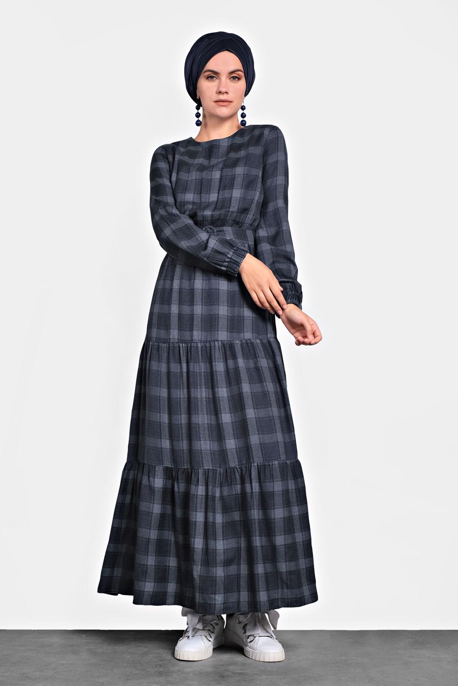 Tesettür giyim LACİVERT ALVİNA KEMERLİ EKOSE ELBİSE 40179