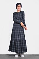 Tesettür giyim LACİVERT ALVİNA KEMERLİ EKOSE ELBİSE 40179