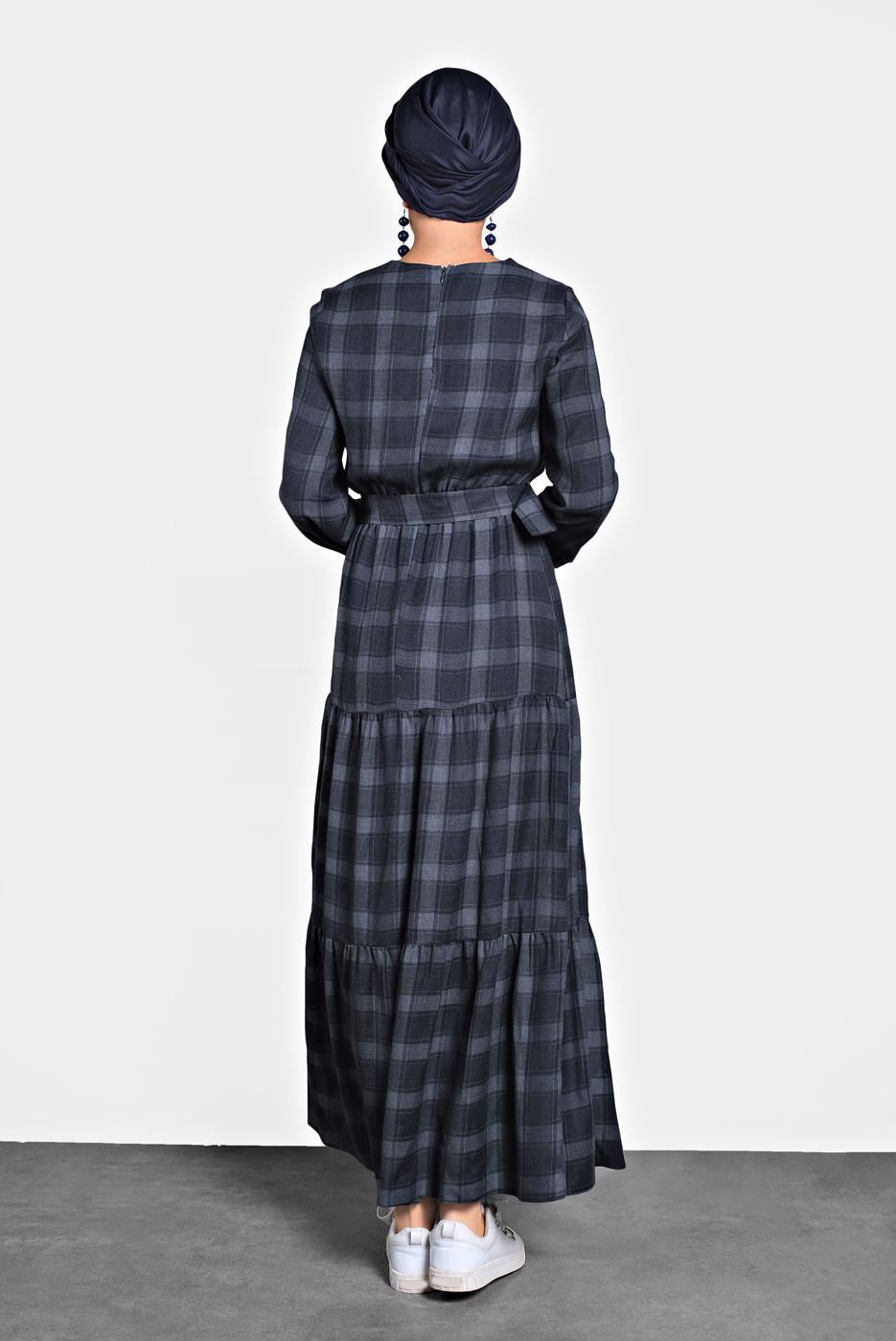 Tesettür giyim LACİVERT ALVİNA KEMERLİ EKOSE ELBİSE 40179