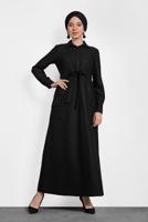 Tesettür giyim SİYAH KUŞAKLI DÜĞMELİ ELBİSE 40194