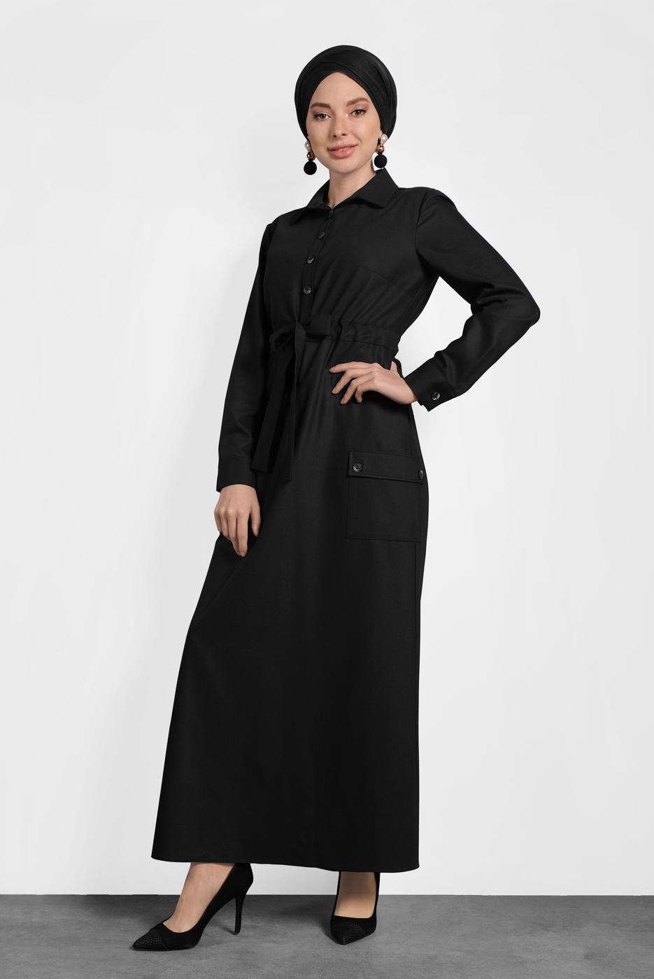 Tesettür giyim SİYAH KUŞAKLI DÜĞMELİ ELBİSE 40194