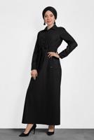 Tesettür giyim SİYAH KUŞAKLI DÜĞMELİ ELBİSE 40194