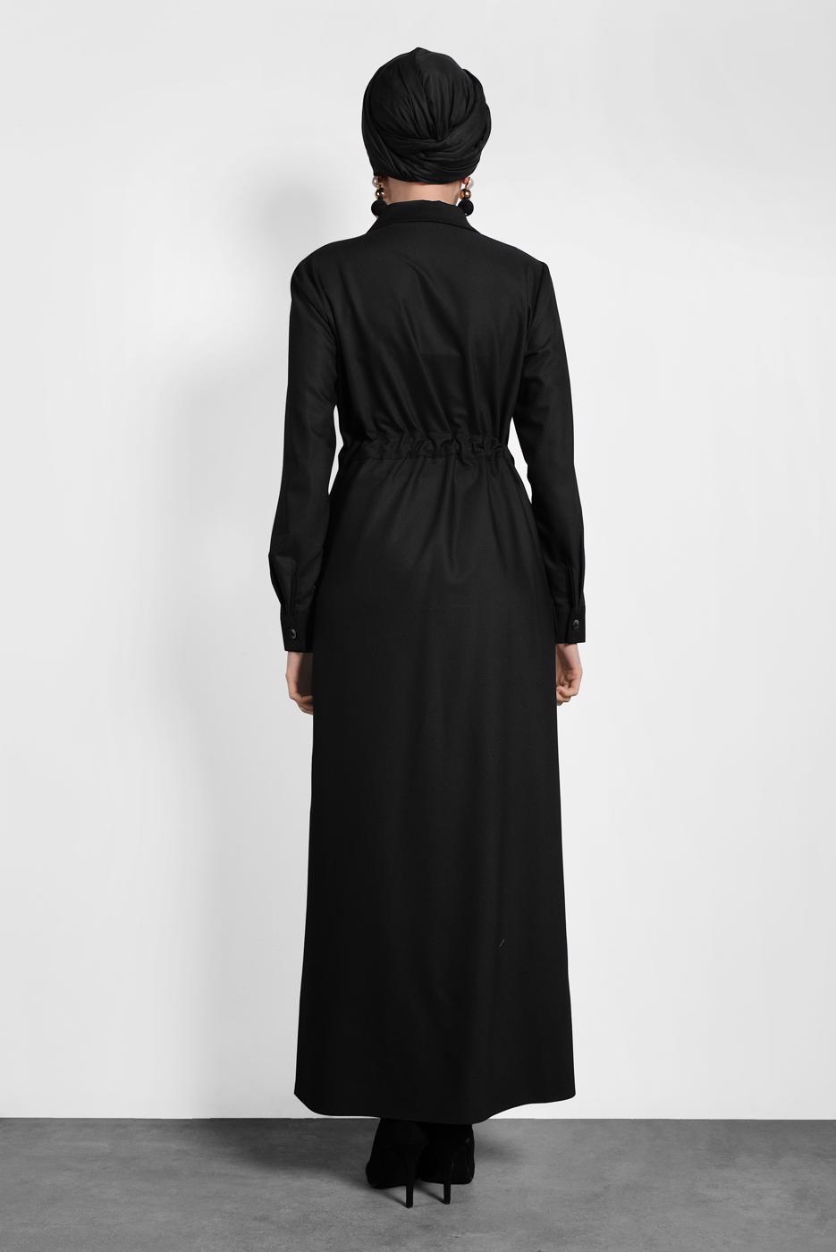 Tesettür giyim SİYAH KUŞAKLI DÜĞMELİ ELBİSE 40194