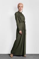 Tesettür giyim HAKİ KUŞAKLI DÜĞMELİ ELBİSE 40194