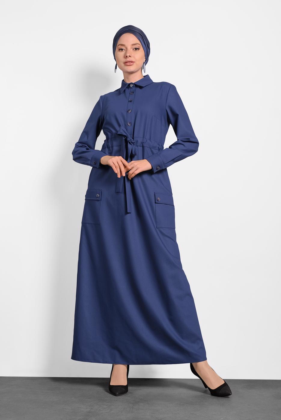 Tesettür giyim LACİVERT KUŞAKLI DÜĞMELİ ELBİSE 40194