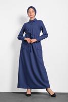 Tesettür giyim LACİVERT KUŞAKLI DÜĞMELİ ELBİSE 40194